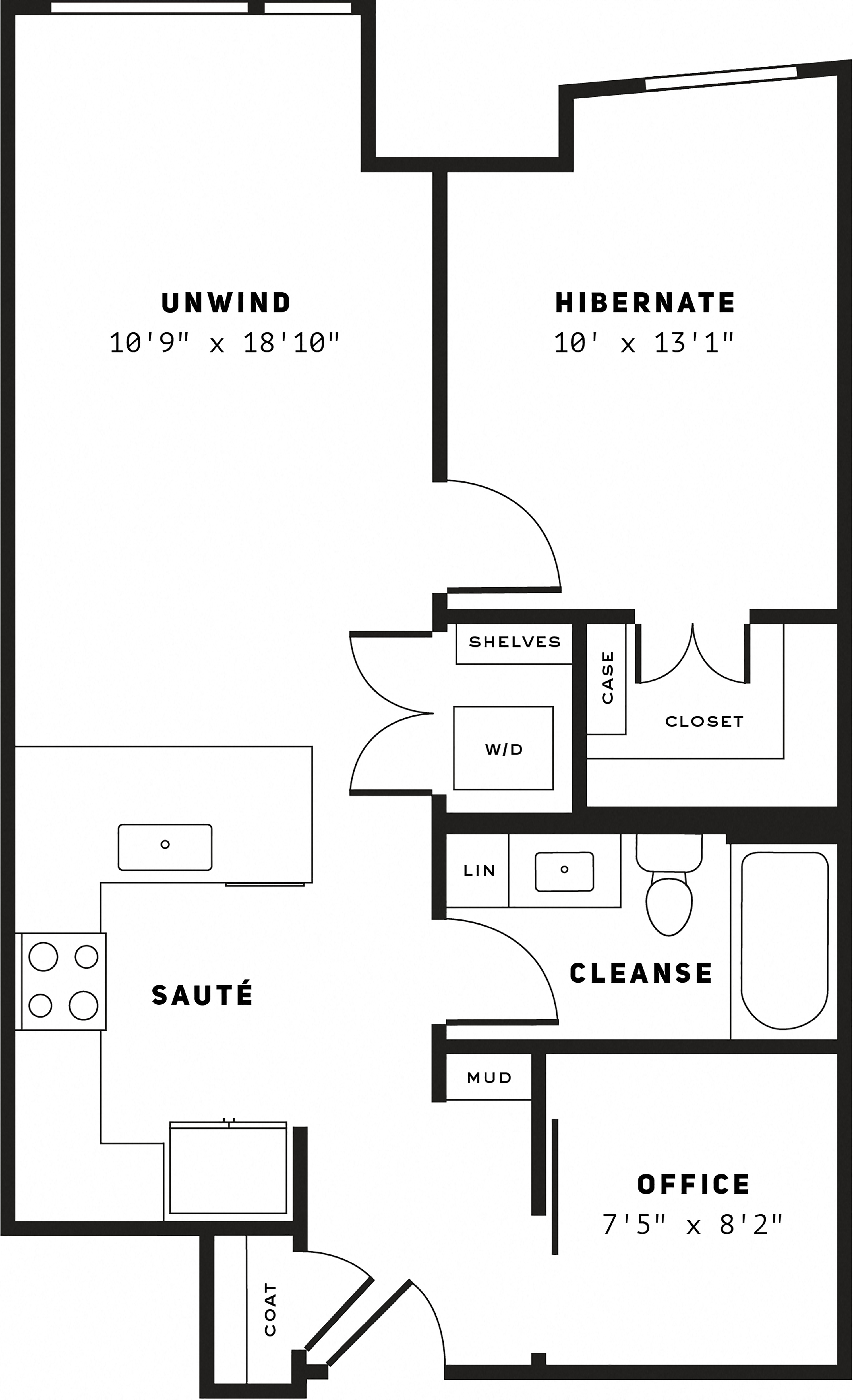 Floor plan for 1 bed, 1 bath, 740 sqft
